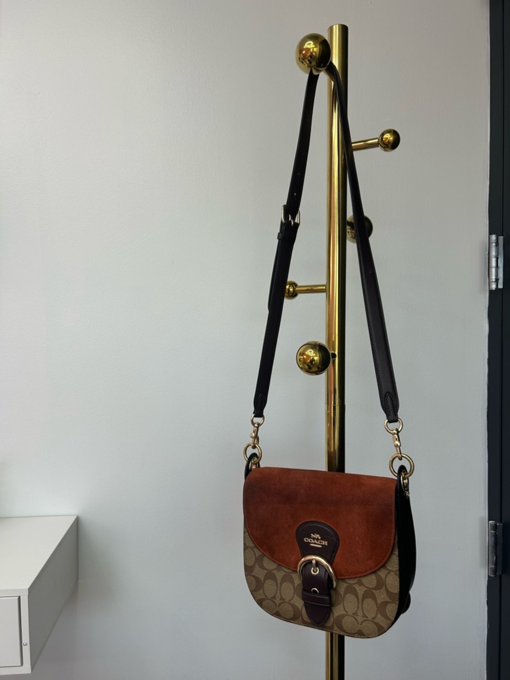 Coach Brown Suede & Signature Canvas Crossbody with Black Strap